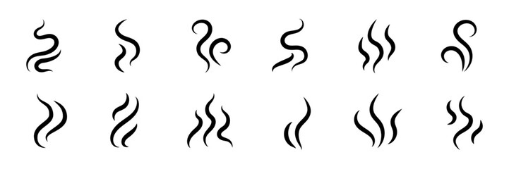 Smoke steam icon vector logo set. Smoke smell, steam aroma heat icon illustration. Hot vapor fire doodle line logo. Hit stink, coffee, fragrance flame elements. Vector illustration.