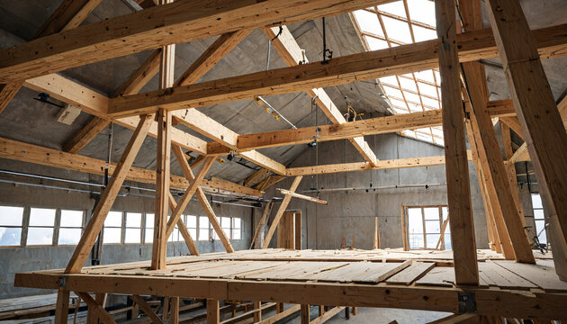 Int&eacute;rieur d'une charpente en bois dans un b&acirc;timent en construction
