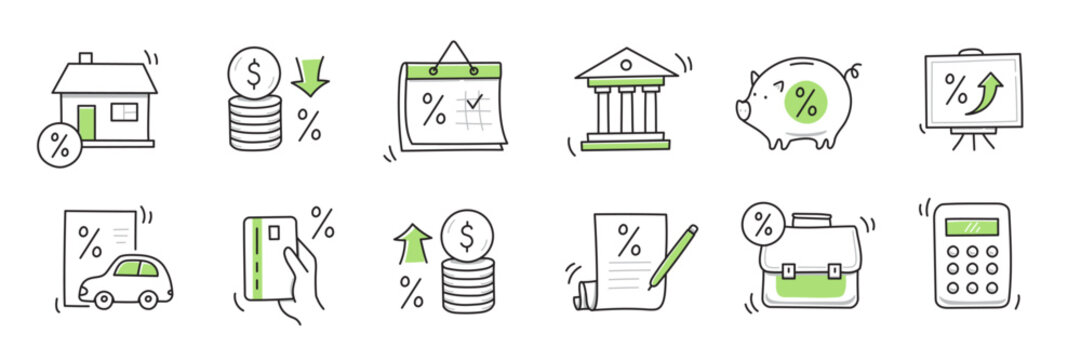 Loan interest rate doodle icon set. Hand drawn sketch doodle line style bank money loan interest rate icon for house, car discount percentage concept. Trendy cute element. Vector illustration