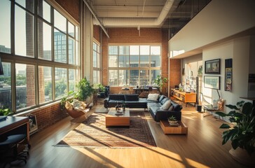 Fototapeta premium Modern Loft Apartment with Large Windows and City Views