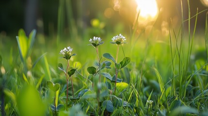  White flowers dot a verdant field, their heads bobbing atop a lush carpet of green grass Sunlight bathes the scene from behind, casting long, golden shadows