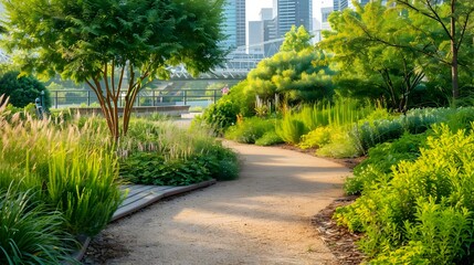 Obraz premium Lush Urban Park Oasis with Winding Paths and Native Vegetation