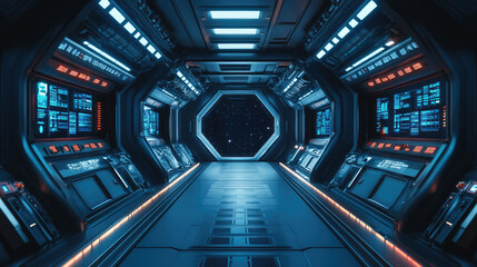 A futuristic corridor with glowing panels leading to a starry space view.
