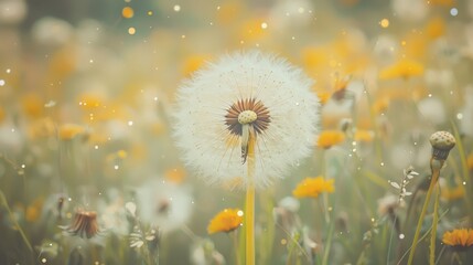  A solitary dandelion amidst a sea of dandelions, bedecked with dewdrops