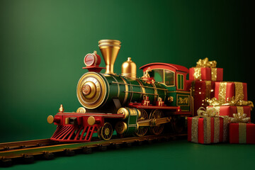 Vintage toy train is carrying wrapped christmas gifts on a green background