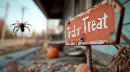 Festive Trick or Treat Sign With Pumpkins and Spooky Decor for Halloween Celebration