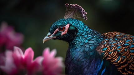 Obraz premium A tight shot of a vibrant bird with a feathered crest and a flower backdrop