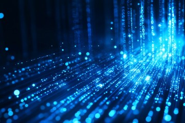 Abstract blue glowing digital lines and numbers background with fiber optic cables, a digital technology backgorund