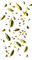 Falling cardamom seeds on a white background