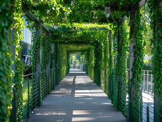 Obraz premium Lush Green Pedestrian Bridge Connecting Urban Spaces and Promoting Walkable Eco Friendly Lifestyle