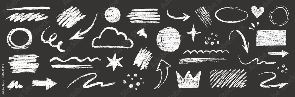 Poster Doodle line chalk brush element set on blackboard. Chalkboard texture brush stroke square, spiral, arrow element scribble line hand drawn sketch design. Crayon pencil style. Vector illustration.