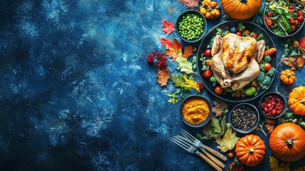 Turkey and Side Dishes on Blue Background for Thanksgiving