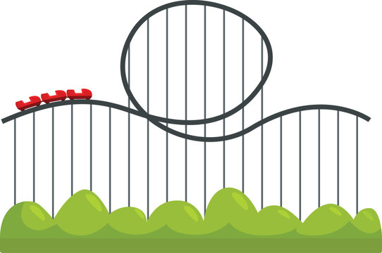 Red roller coaster train is climbing up a hill to go through a loop on this exciting amusement park ride