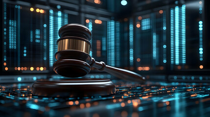 A gavel resting on a digital surface, symbolizing justice and technology integration.