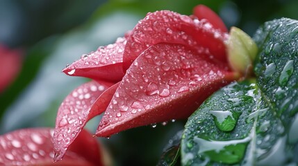  A tight shot of a red bloom dripping with water, alongside a green leaf against a backdrop of red flowers