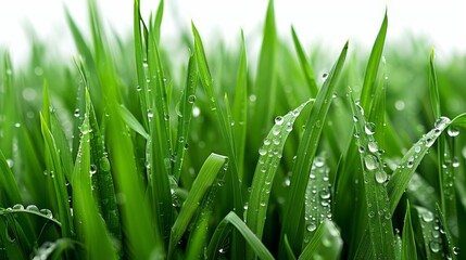 Obraz premium Bright green field, isolated on white, with dew-covered blades. Ideal for nature-themed projects