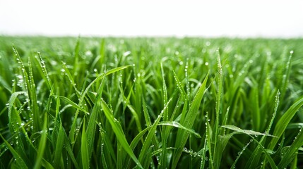 Obraz premium Bright green field, isolated on white, with dew-covered blades. Ideal for nature-themed projects