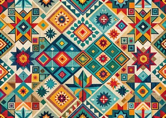 Colorful geometric shapes and motifs dance across a modern fabric pattern, infusing vibrant colors and energetic textures.