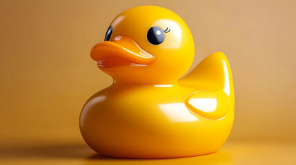 A glossy, yellow rubber duck with big eyes, commonly used as a bath toy for children.