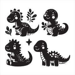 Cute Dinosaur Bundle Illustration, Baby Dinosaur Cut File, Cartoon Stencil, silhouette on white background
