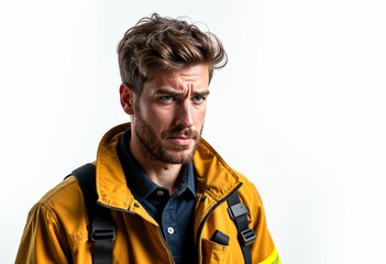 Obraz premium Serious Fireman Portrait Wearing Uniform Firefighter Rescue Emergency Services Hero Occupation Confidence Strong Muscled Fireman First Responder Brave Fireman White Background Public Safety