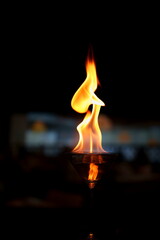 A captivating photograph of a martini glass filled with alcohol, topped with dancing flames, set against a dark background featuring a couple sitting at a table.
