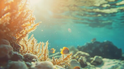 Fototapeta premium small yellow fish swim amongst radiant corals bathed in sunlight