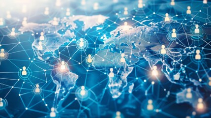 Business network with global reach, highlighting data analysis, customer connections, and HR recruitment. Emphasis on technology, social networks, and teamwork