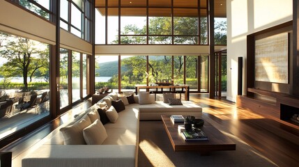 Modern Living Room with Large Windows and Lake View