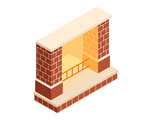 Isometric cozy fireplace made from bricks. Warm home interior decoration furnace. Vector illustration isolated on white background
