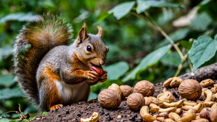 A portrait of a grey squirrel eating hazelnuts from the forest floor. 