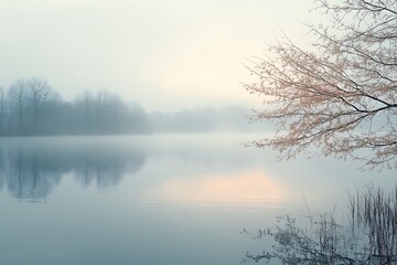 Abstract landscape of a misty lake at dawn with pastel colors