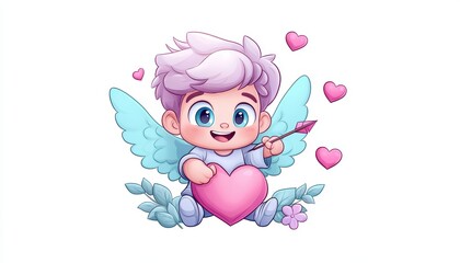 Fototapeta premium Cute angelic baby with wings holding a heart and an arrow, surrounded by pink hearts. Perfect for romantic designs and illustrations.