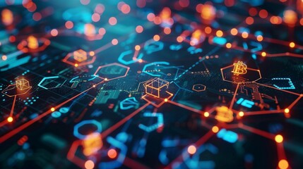 Digital globe with blockchain symbols and data lines representing global networks