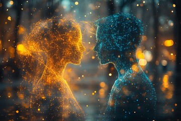 Two figures connected by threads, symbolizing the abstract nature of human connection.