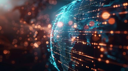 Fototapeta premium Digital globe with blockchain symbols and data lines representing global networks