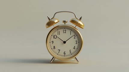 A classic gold alarm clock with a white face on a minimalist background.