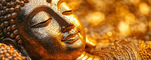 Obraz premium Close-up of a golden Buddha statue face with detailed textures, illuminated by soft, warm light creating a peaceful and meditative atmosphere.