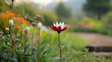  A red-and-white bloom sits in a field of grass and flowers, near a wooden bench