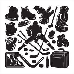 Hockey Bundle Illustration, silhouette on white background
