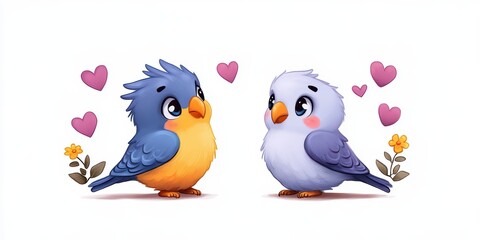 Two adorable cartoon birds facing each other, surrounded by hearts and flowers, symbolizing love and affection.