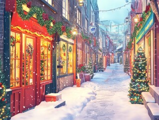 Fototapeta premium Festive Christmas-Decorated Street with Snowfall