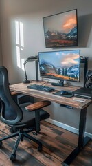 Minimalist Home Office Setup with Standing Desk  Ergonomic Chair  and Large Monitor for Digital Nomad Lifestyle