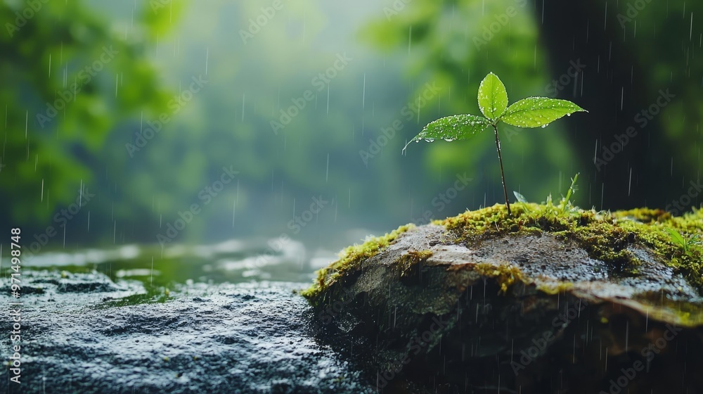 Wall mural a tiny green plant emerges from a rock in the heart of a forested stream