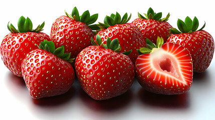 A group of fresh strawberries, with one cut in half to reveal its juicy interior.