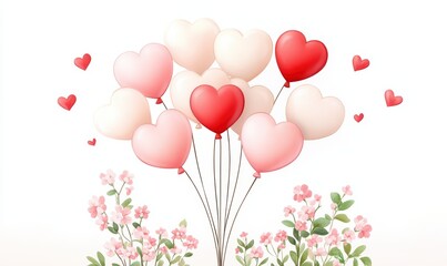 A beautiful arrangement of heart-shaped balloons surrounded by delicate pink flowers, perfect for celebrating love and joy.