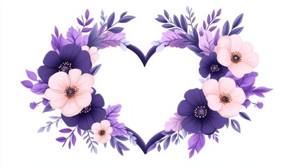 A beautiful floral heart design featuring vibrant purple and soft pink flowers, perfect for romantic occasions and celebrations.