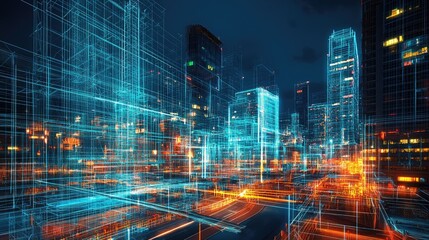 A futuristic cityscape with glowing lines and illuminated streets, depicting a concept of urban development and technological advancement.