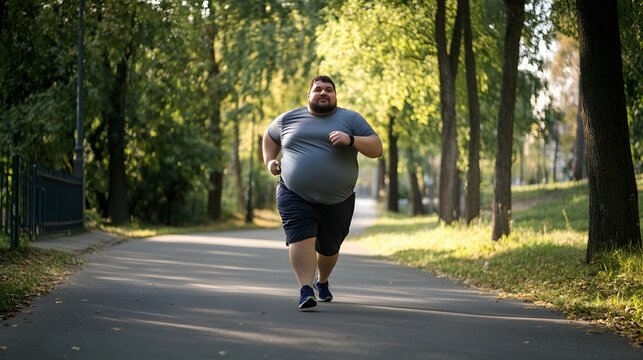 Overweight man in a grey shirt jogging on a paved path in a park. - Powered by Adobe