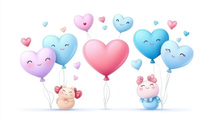 A cheerful illustration of heart-shaped balloons in soft colors, perfect for celebrations, love themes, or children's events.